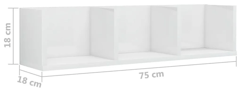 Ράφι Τοίχου για CD Γυαλιστερό Λευκό 75x18x18 εκ. από Επεξ. Ξύλο - Λευκό
