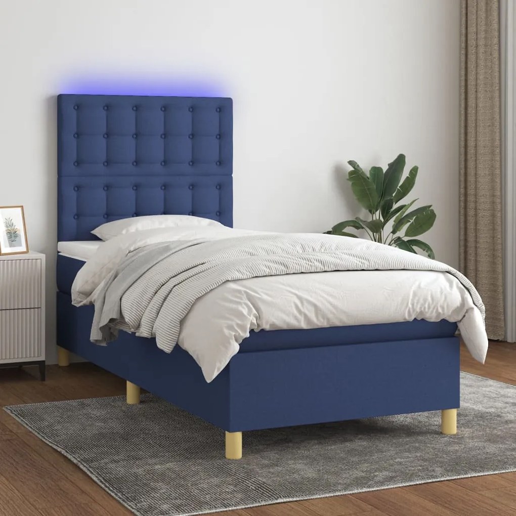 Κρεβάτι Boxspring με Στρώμα &amp; LED Μπλε 90x200 εκ. Υφασμάτινο