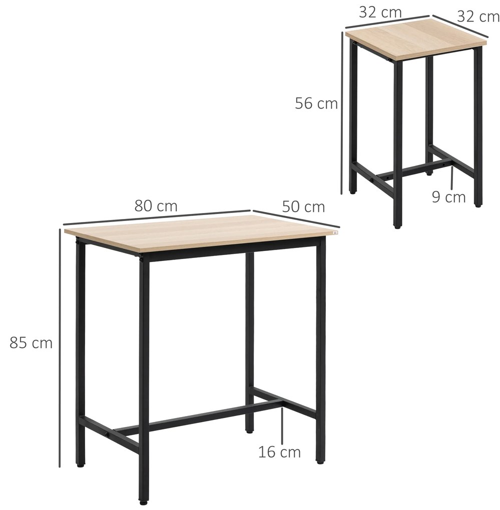 HOMCOM Σετ τραπεζαρίας μπαρ σε βιομηχανικό στυλ, 3 τεμάχια, 1 τραπέζι, 2 σκαμπό, Μαύρο + Φυσικό