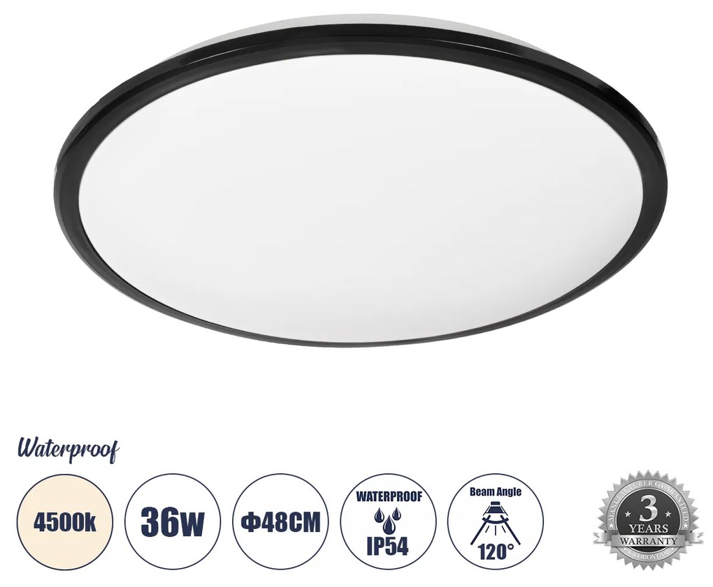 GloboStar® TUFFIN 60999 Πλαφονιέρα Οροφής LED 36W 3960lm 120° AC 220-240V Αδιάβροχη IP54 Φ48 x Υ6.5cm Φυσικό Λευκό 4500K - Μαύρο - Bridgelux Chips - 3 Years Warranty