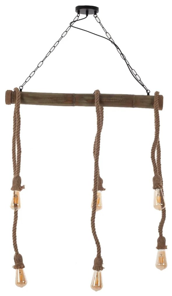 Artekko Hemp Rope Φωτιστικό Οροφής 6φωτο (Ε27) με Μαύρο Μέταλλο/Ξύλο/Σχοινί (80x10x130)cm Artekko 023-3318