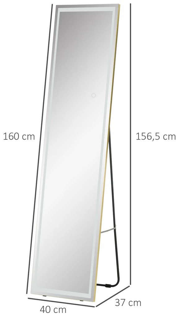 HOMCOM 2 σε 1 Καθρέφτης Ολόσωμος με Φωτισμό LED, Ελεύθερος, Επιτοίχιος, Ρυθμιζόμενος, 40 cm x 37 cm x 156,5 cm, Ασημί