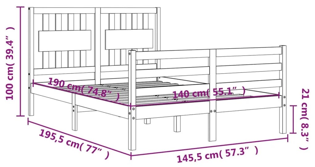 Πλαίσιο Κρεβατιού με Κεφαλάρι 140x190 εκ. από Μασίφ Ξύλο - Καφέ