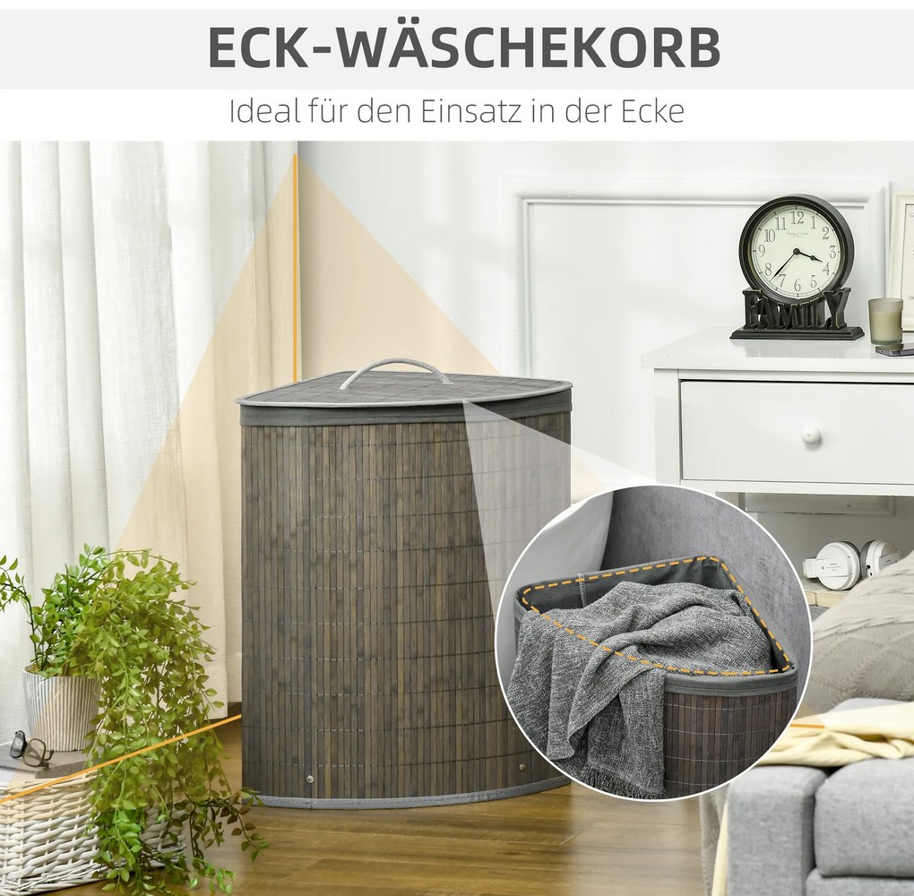 HOMCOM 55 L Καλάθι απλύτων με καπάκι, λαβή, διαλογέας απλύτων με αφαιρούμενη τσάντα πλυντηρίου για μπάνιο, μπαμπού, γκρι