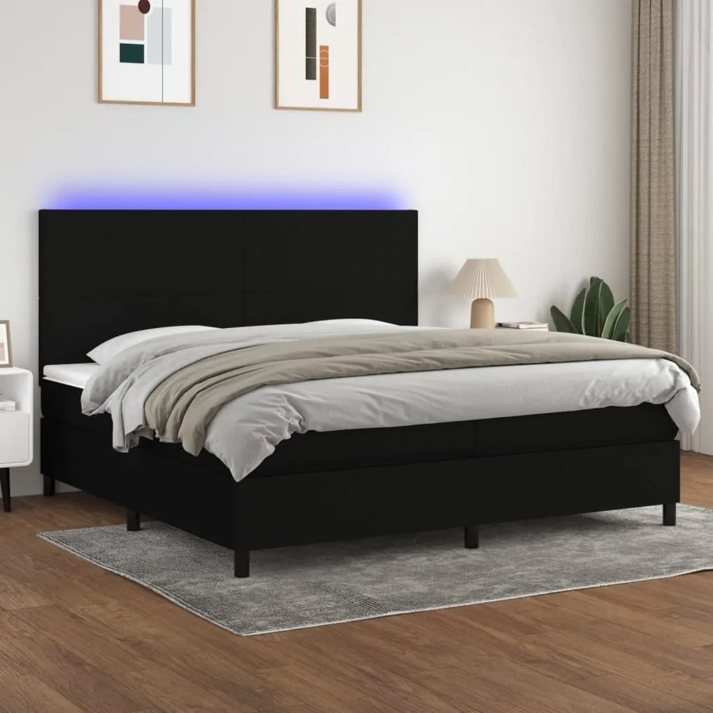 Κρεβάτι Boxspring με Στρώμα &amp; LED Μαύρο 200x200 εκ. Υφασμάτινο