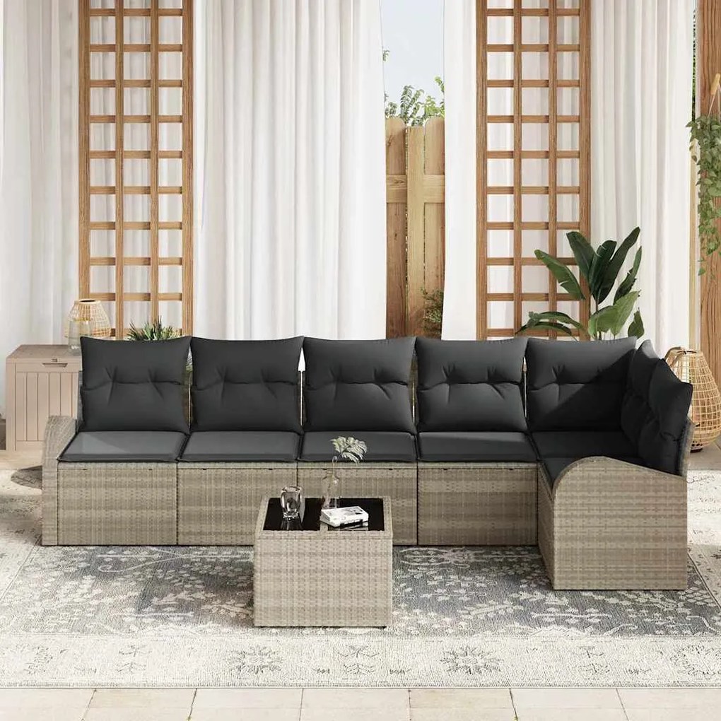 vidaXL Σετ Καναπέ Κήπου με μαξιλάρι 7 pcs Ανοιχτό γκρι Πολυ ράταν