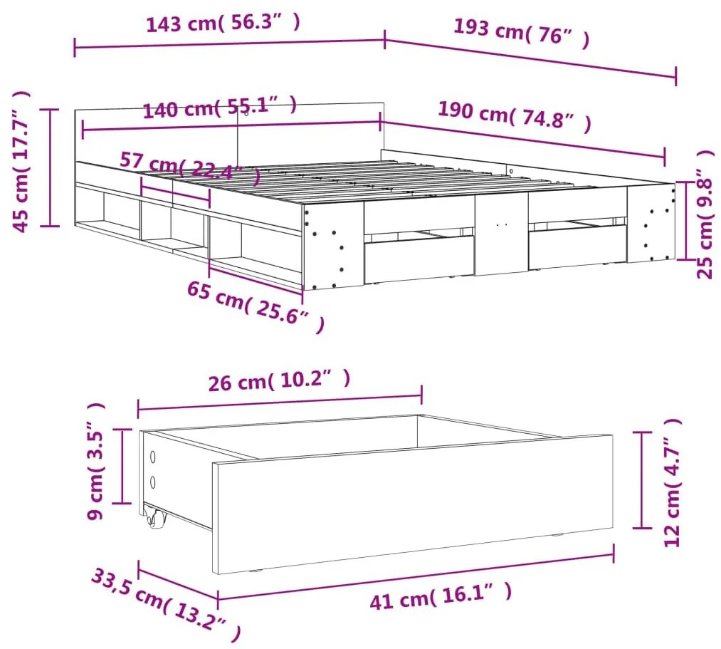 Πλαίσιο Κρεβατιού με Συρτάρια Μαύρο 140x190 εκ Επεξεργ. Ξύλο - Μαύρο