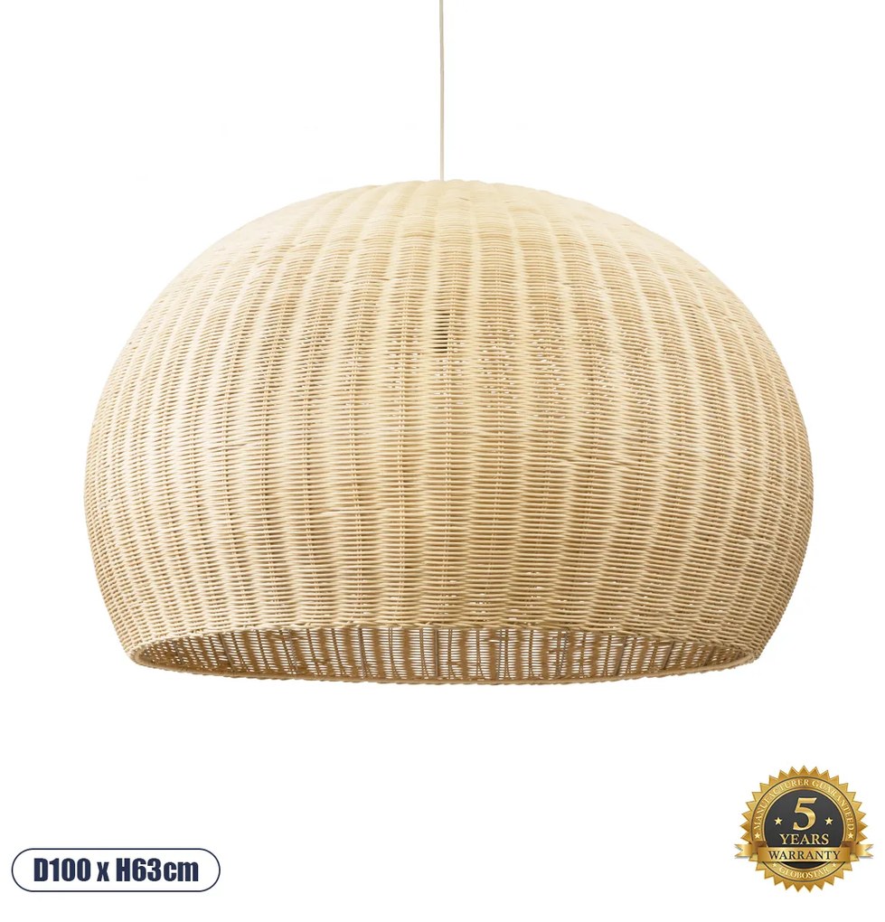 GloboStar® RAITO 01826 Boho Κρεμαστό Φωτιστικό Οροφής Μονόφωτο 1 x E27 AC220-240V IP20 - Φ100 x Υ63cm - Μπεζ Ξύλινο Μπαμπού Πλέγμα Καμπάνα - 5 Χρόνια Εγγύηση