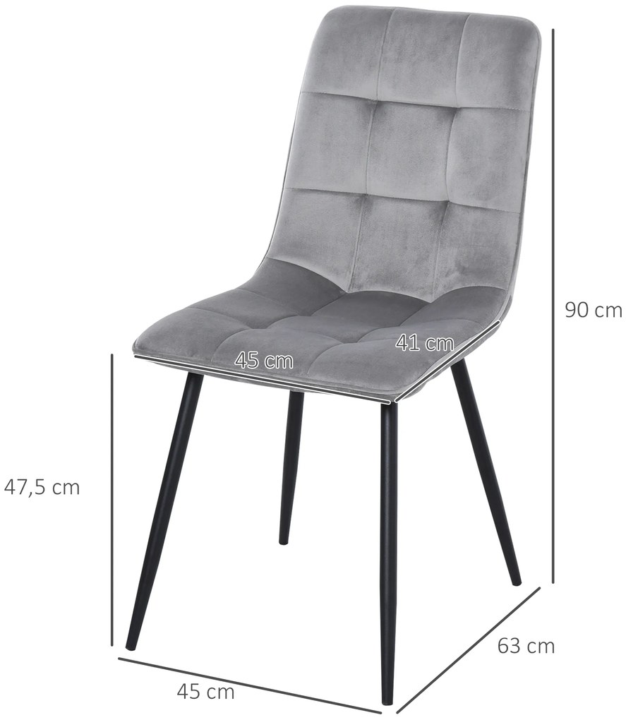 HOMCOM Σετ 2 καρεκλών τραπεζαρίας, επενδεδυμένη καρέκλα κουζίνας με όψη βελούδου, τραπέζι τραπεζαρίας βελούδο μέταλλο γκρι+μαύρο 45 x 63 x 90 cm