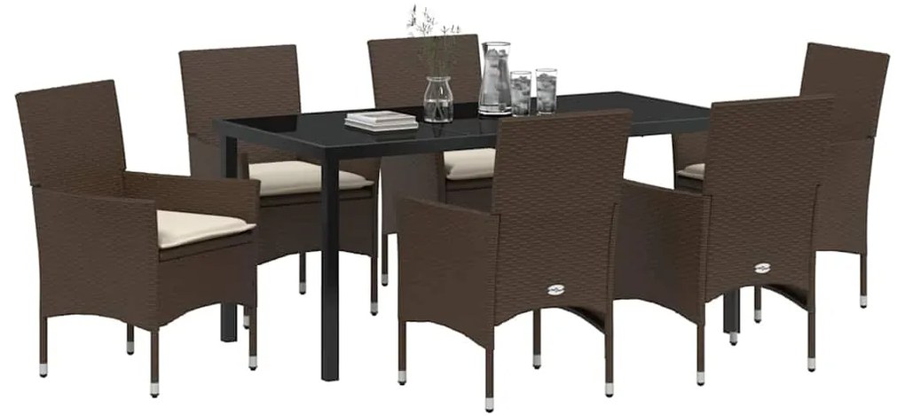 vidaXL Σέτ φαγητού για κήπο με μαξιλάρι 7 pcs Καφέ Πολυ ράταν