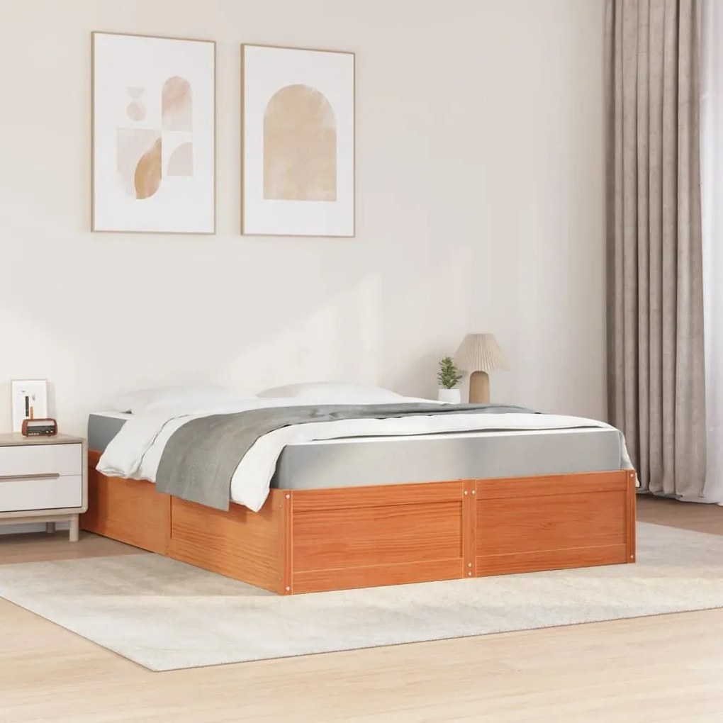 Κρεβάτι με Στρώμα Καφέ Κεριού 160x200 εκ Μασίφ Ξύλο Πεύκου - Καφέ