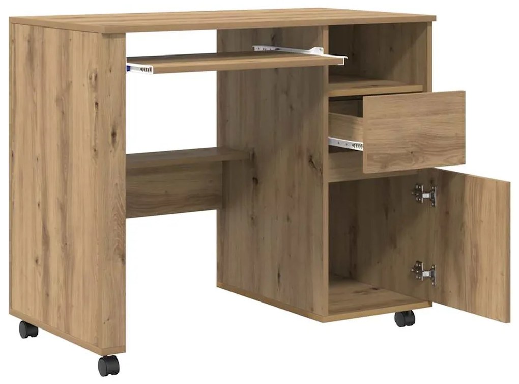 vidaXL Γραφείο με Ρόδες με συρτάρι artisan δρυς 91 x 50 x 77 εκ.