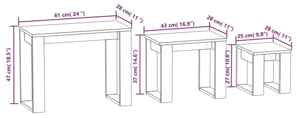 Τραπεζάκια Ζιγκόν 3 τεμ. Sonoma Δρυς από Επεξεργασμένο Ξύλο - Καφέ