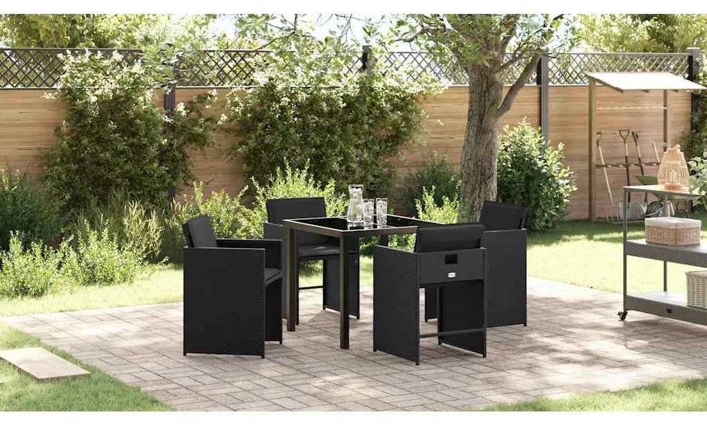 vidaXL Σέτ φαγητού για κήπο με μαξιλάρι 5 pcs Μαύρο Πολυ ράταν