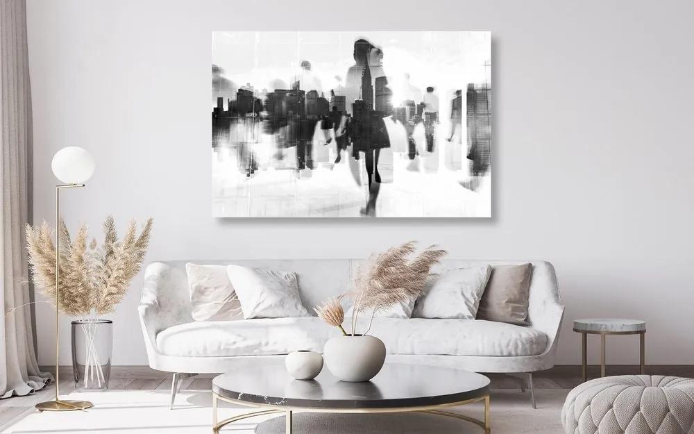Σκιαγραφίες ανθρώπων στη μεγάλη πόλη σε μαύρο και άσπρο - 120x80