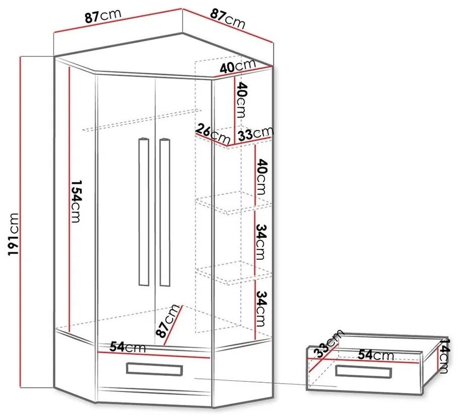 Γωνιακή ντουλάπα Akron J103, Άσπρο, Γυαλιστερό Τυρκουάζ, 191x87x87cm, 80 kg, Πόρτες ντουλάπας: Με μεντεσέδες, Αριθμός ραφιών: 3, Αριθμός ραφιών: 3