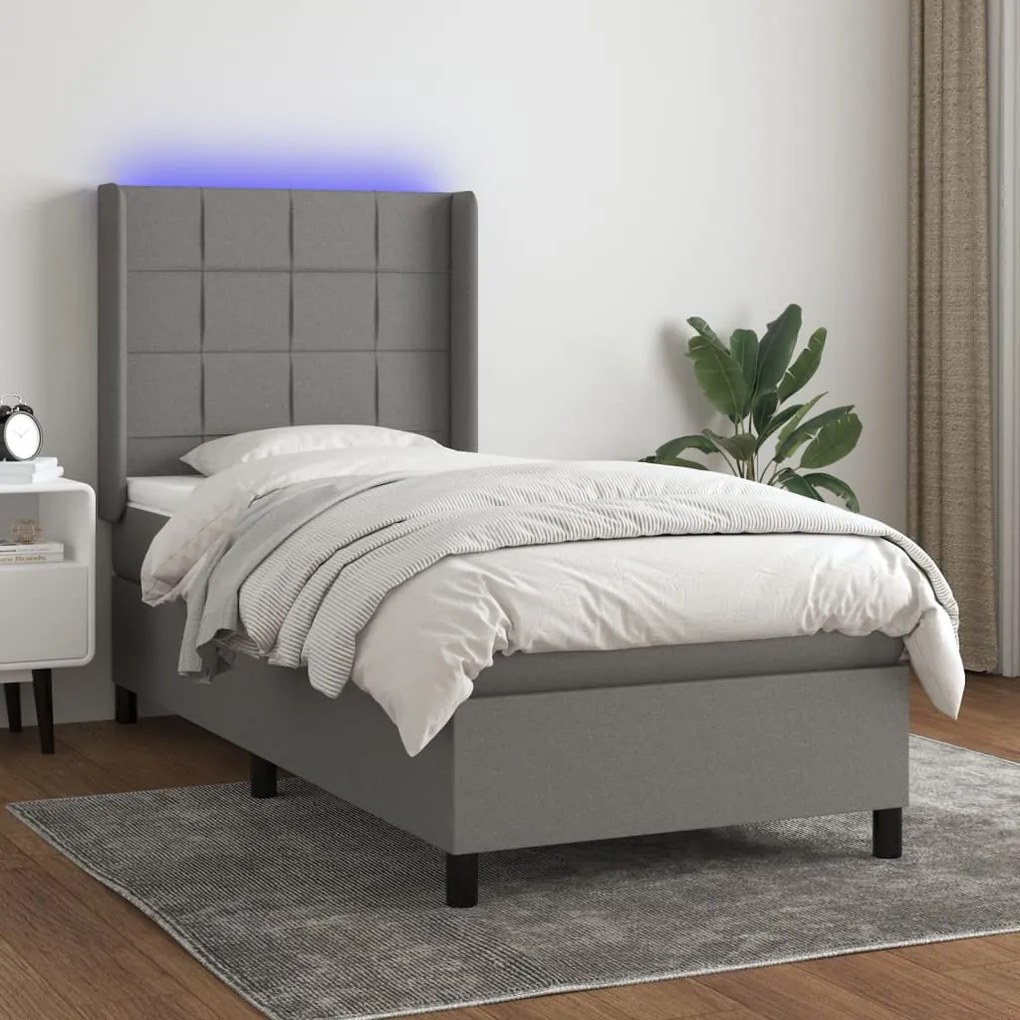 Κρεβάτι Boxspring με Στρώμα & LED Σκ.Γκρι 100x200 εκ Υφασμάτινο