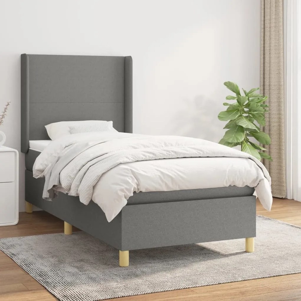 Κρεβάτι Boxspring με Στρώμα Σκούρο Γκρι 90x200 εκ. Υφασμάτινο - Γκρι