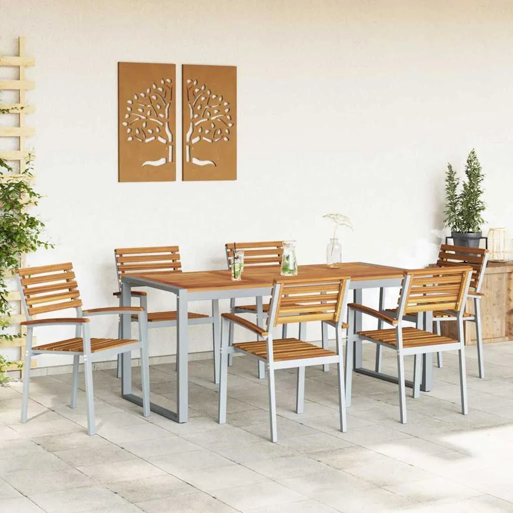 vidaXL Σέτ φαγητού για κήπο 7 pcs Γκρι και καφέ Μασίφ ξύλο ακακίας