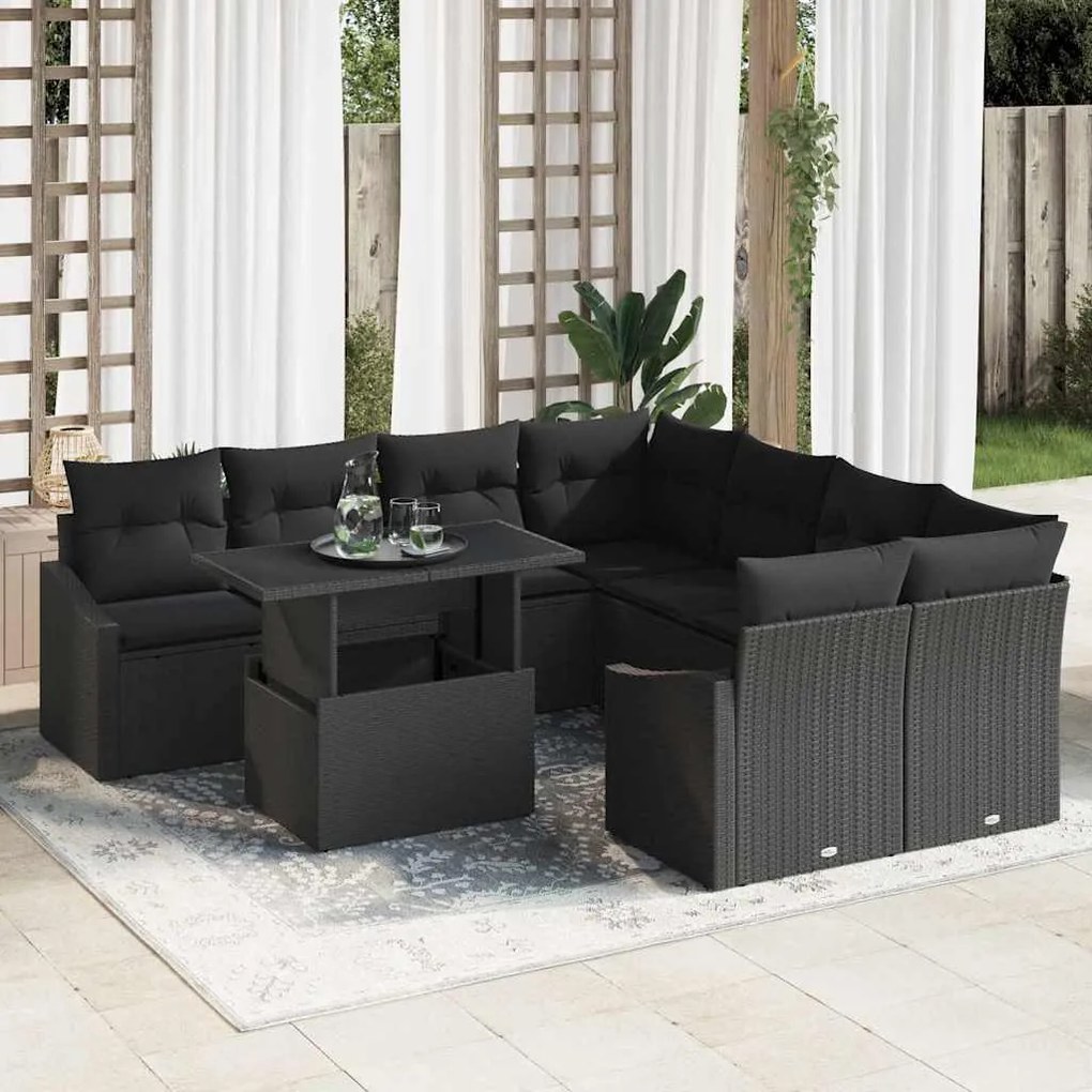 vidaXL Σετ Καναπέ Κήπου με μαξιλάρι 9 pcs Μαύρο 100 x 55 x 73 εκ