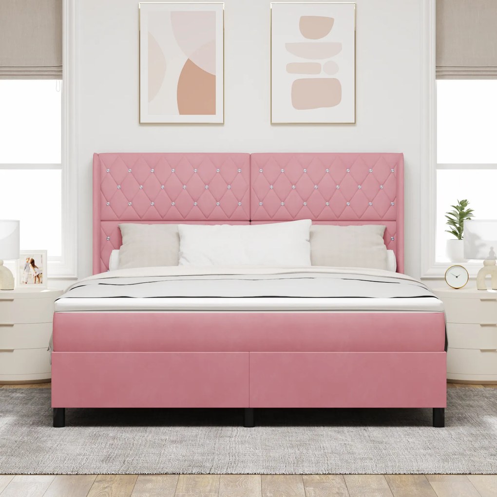 vidaXL Κρεβάτι Box Spring με Στρώμα & LED Ροζ 180x200 εκ. Βελούδο