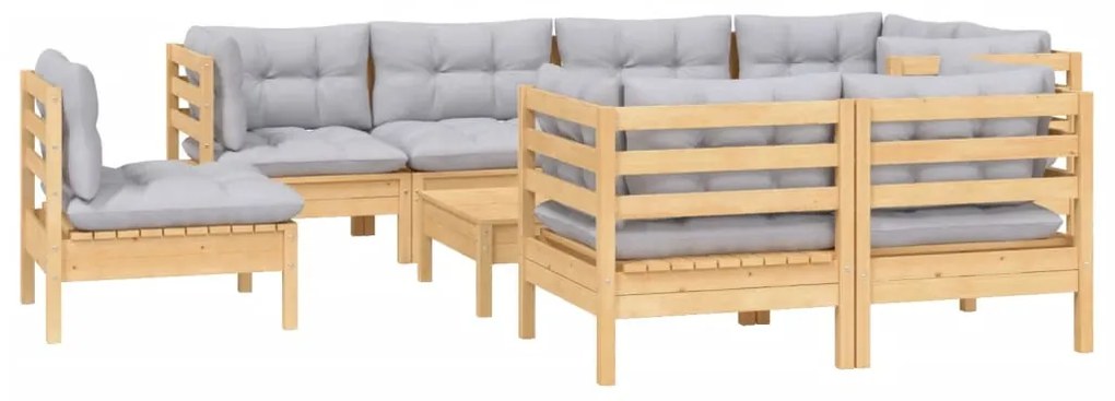 vidaXL Σαλόνι Κήπου Σετ 9 Τεμαχίων Μασίφ Ξύλο Πεύκου με Γκρι Μαξιλάρια