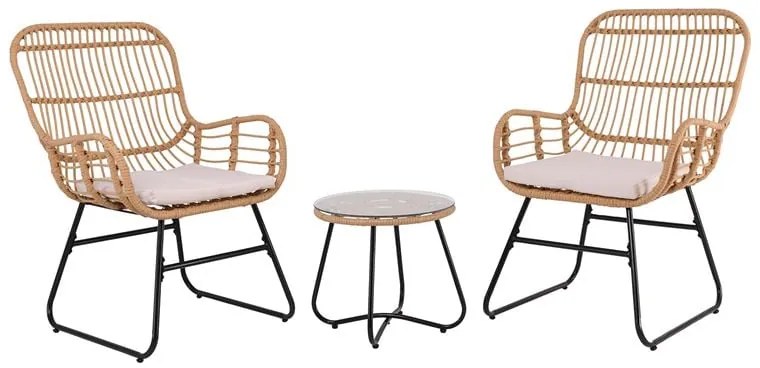 SALSA Yard Set: Τραπέζι + 2 Πολυθρόνες, Μέταλλο Μαύρο, Wicker Φυσικό, Μαξιλάρια Εκρού