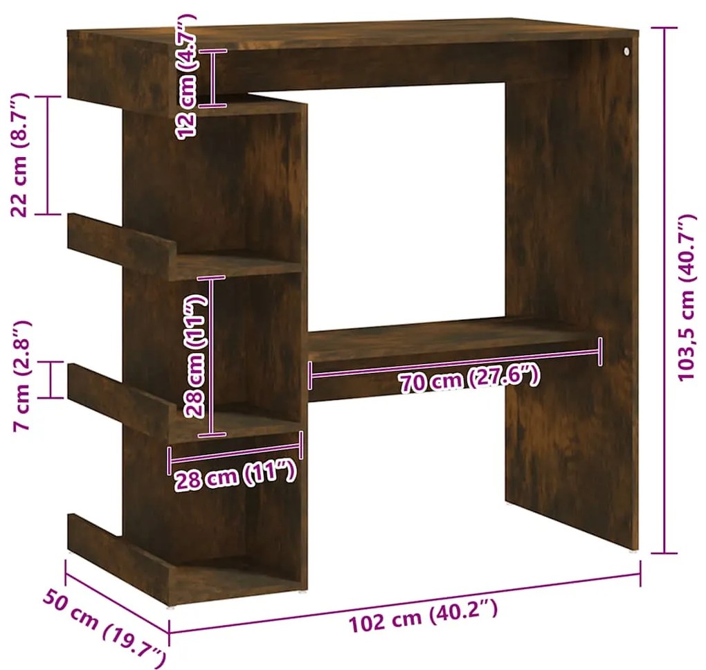 vidaXL Τραπέζι Μπαρ με Ράφια Καπνιστή Δρυς 100x50x101,5 εκ. Επεξ. Ξύλο