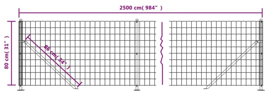 vidaXL Συρματόπλεγμα Περίφραξης Ανθρακί 0,8 x 25 μ. με Βάσεις Φλάντζα