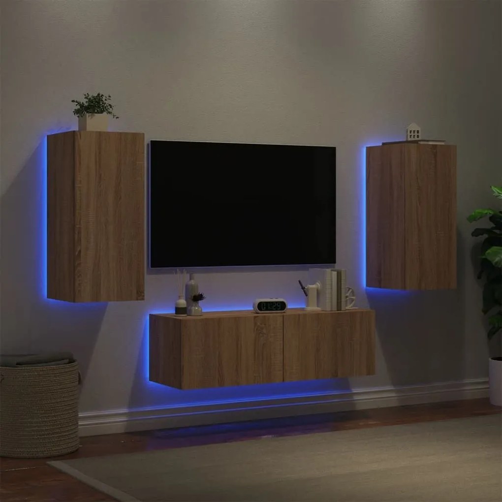 Ντουλάπια Τηλεόρασης Τοίχου 3 Τεμ. με Φώτα LED Sonoma Δρυς - Καφέ