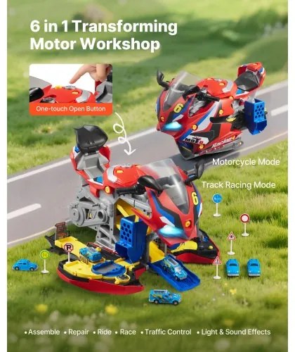 VEVOR Motorcycle Engine Toy, 25 Pieces, Motorcycle Mechanic Toy with Removable Parts, Lights &amp; Sounds, Simulated Riding &amp; Track Racing, Kids Mechanic Workshop Set for Toddler 3 Years and Up, Red