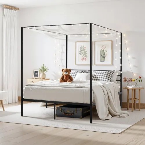 VEVOR Queen Size Canopy Bed Frame Metal Canopy Bed with Four Posters Black