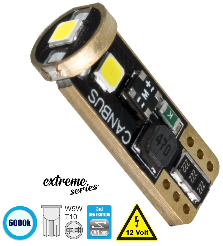 GloboStar® 81115 Λάμπα Αυτοκίνητου T10 W5W 3rd Generation Can-Bus Extreme Series LED 3 SMD 3030 3W 423lm 360° DC 12V IP20 Ψυχρό Λευκό 6000K