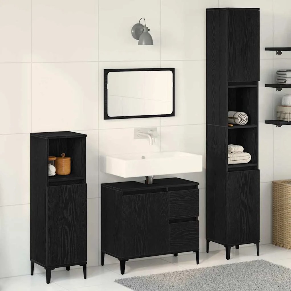 vidaXL Σετ Επίπλων Μπάνιου με συρτάρι 3 pcs Μαύρο 30 x 30 x 180 cm