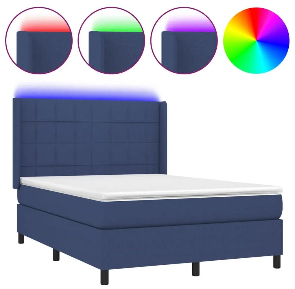 vidaXL Κρεβάτι Boxspring με Στρώμα & LED Μπλε 140x190 εκ. Υφασμάτινο