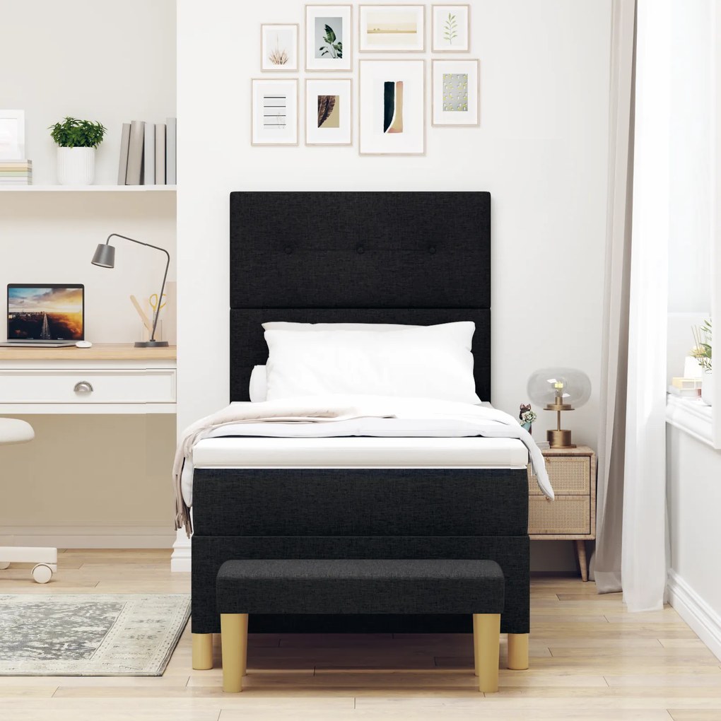 vidaXL Κρεβάτι Box Spring με Στρώμα & Πάγκο Μαύρο 100x200 εκ. Ύφασμα