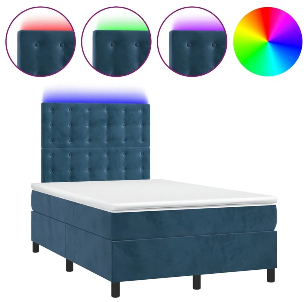 vidaXL Κρεβάτι Boxspring με Στρώμα &amp; LED Σκ. Μπλε 120x200εκ. Βελούδινο