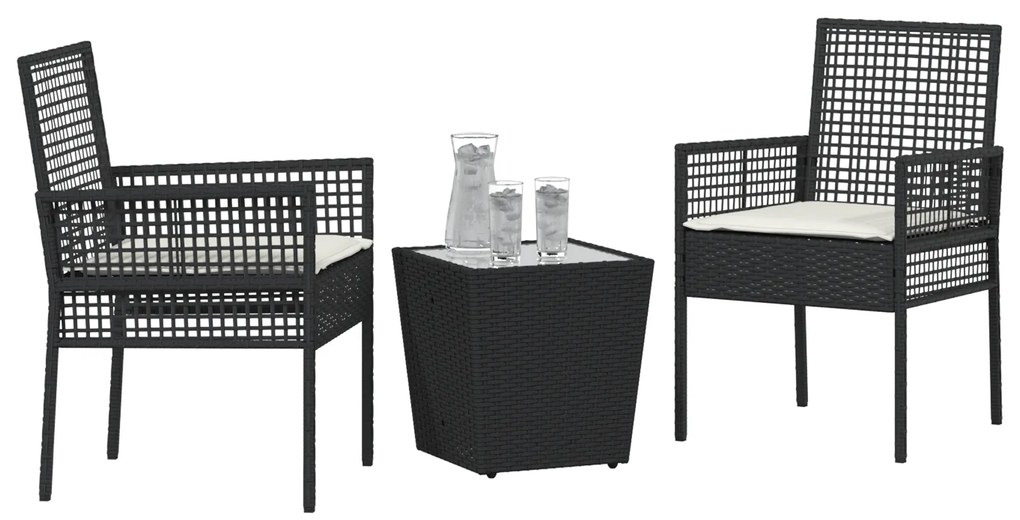 vidaXL Σετ Bistro Κήπου 3 Τεμαχίων με Μαξιλάρια Μαύρο Πολυ Ράτανα