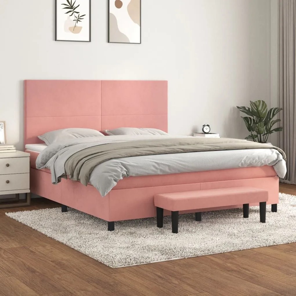 Κρεβάτι Boxspring με Στρώμα Ροζ 160x200 εκ. Βελούδινο - Ροζ