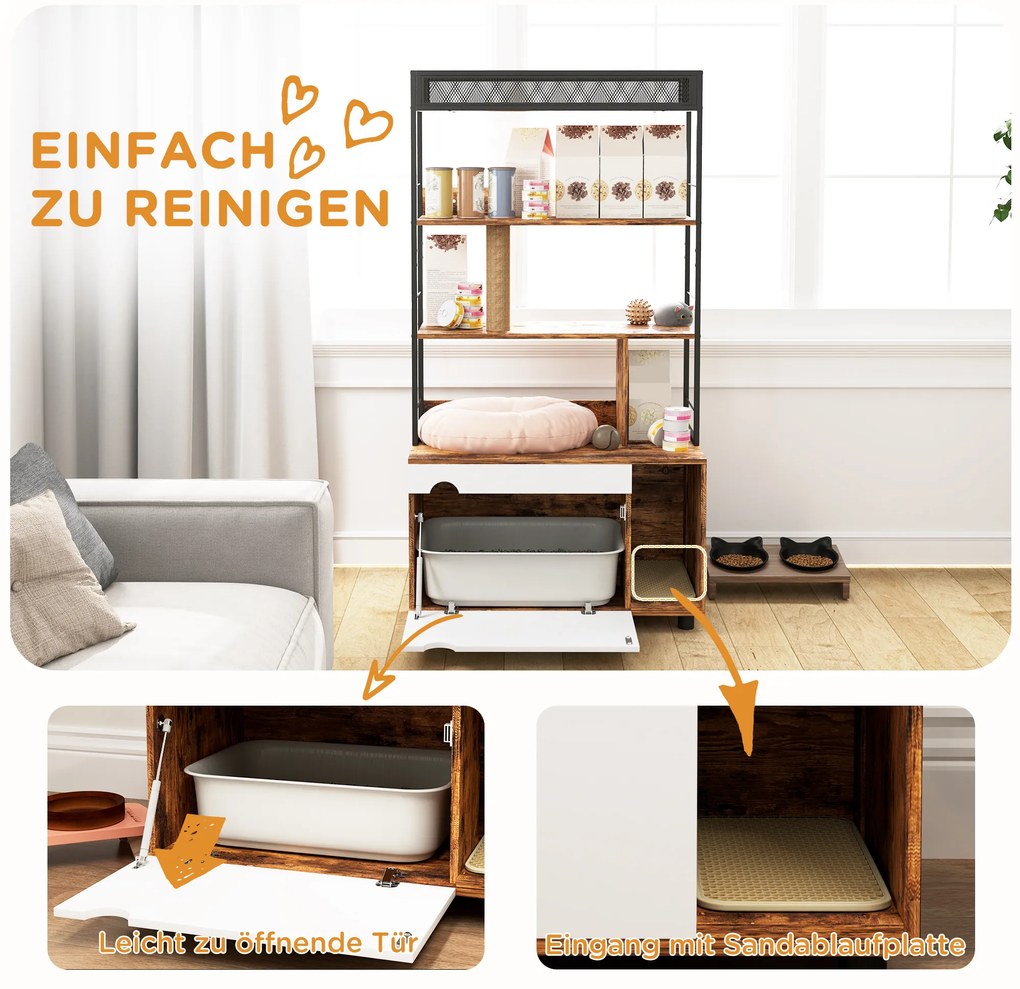 PawHut Γάτα τουαλέτα με ράφι 3 επιπέδων και στύλο ξυσίματος, κλειστή γάτα τουαλέτα, 80 x 48 x 152 cm, Καφέ