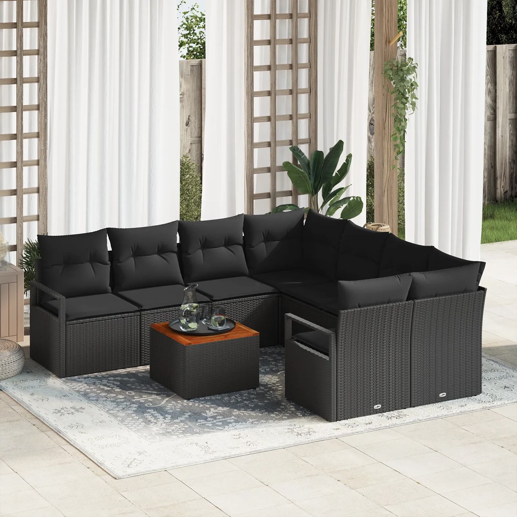 vidaXL Σετ Καναπέ Κήπου 9 pcs Μαύρο Μεσαίο Πολυαιθυλένιο, Ατσάλι, Ξύλο