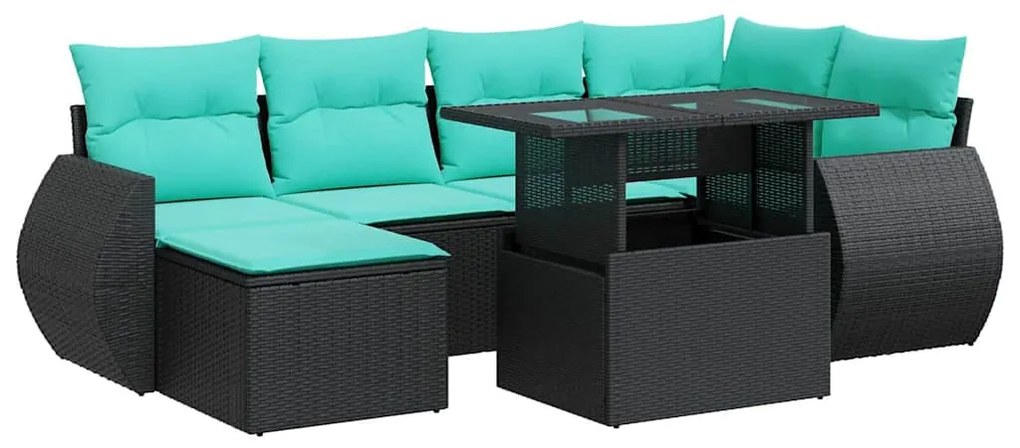 vidaXL Καναπές Σετ 7Τεμαχίων Μαύρο Συνθετικό Ρατάν με Μαξιλάρια Ακακία