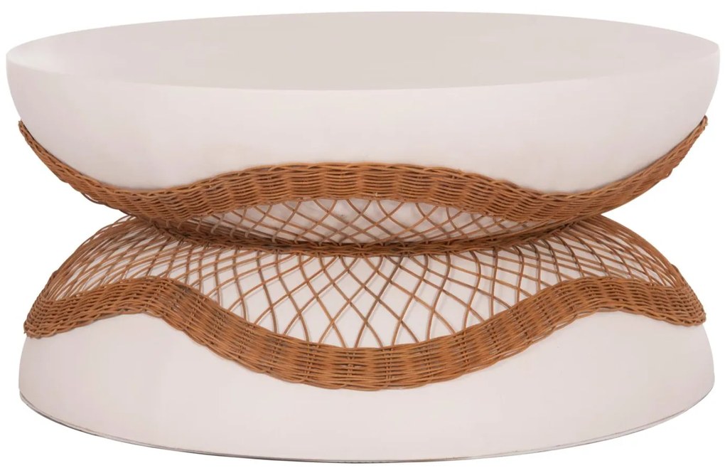 Τραπεζάκι σαλονιού ANNA από Fiber Cement Λευκό & Φυσικό Rattan Φ92x44.5Υεκ. 92x92x44.5 εκ.
