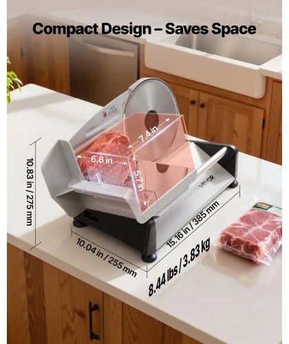 VEVOR Meat Slicer, 200W Electric Deli Slicer Machine with 190 mm Sharp Blade, Home Meat-Slicer with 70-100 RPM Slicing Speed, 0-15 mm Adjustable Thickness, for Frozen Meat, Ham, Baguett & Prime Steak