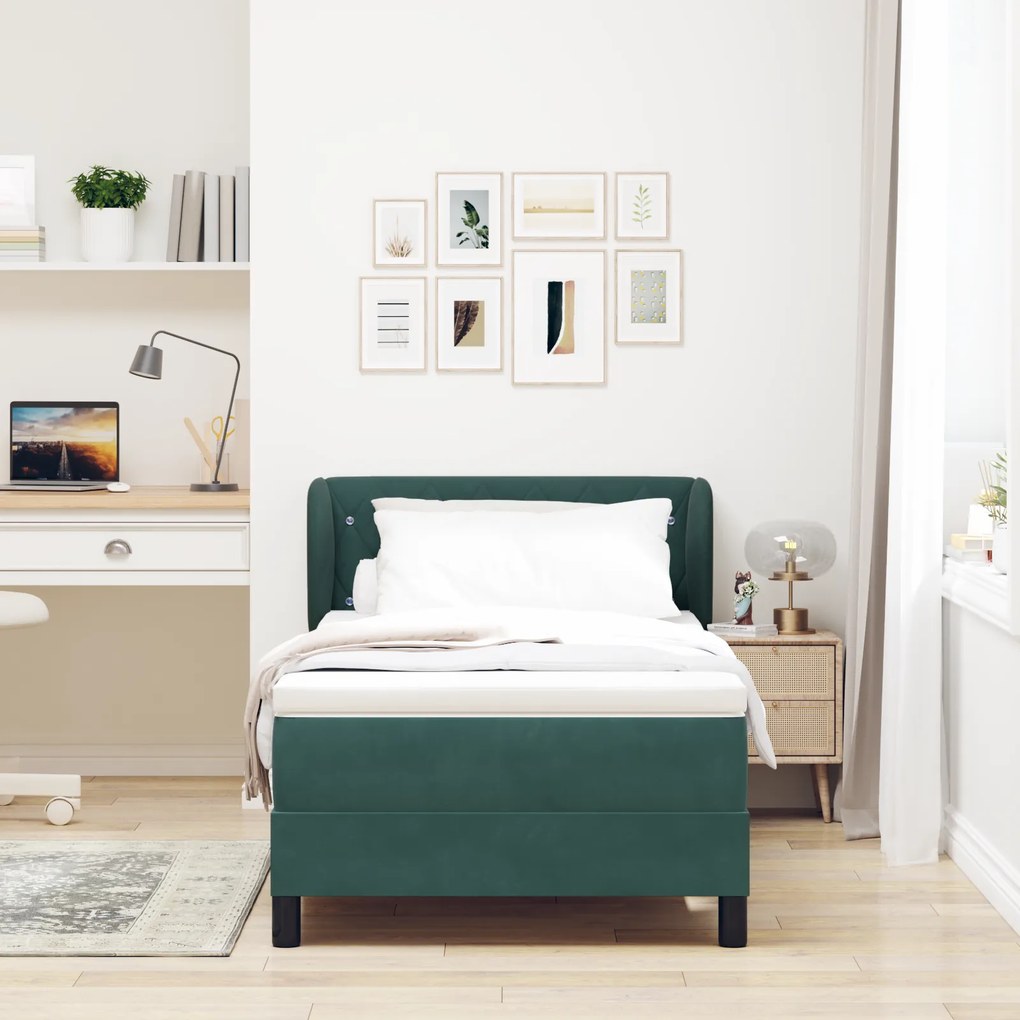 vidaXL Κρεβάτι Box Spring με Στρώμα  σε Σκούρο Πράσινο, 90x190 εκ., Βελούδο