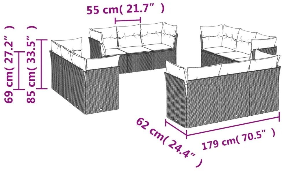 vidaXL Σαλόνι Κήπου 12 Τεμαχίων Μαύρο Συνθετικό Ρατάν με Μαξιλάρια
