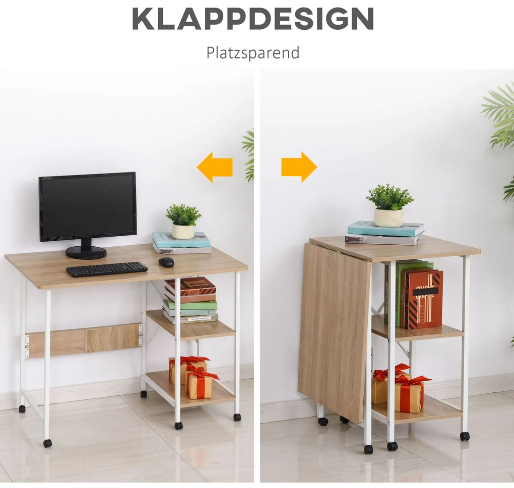 HOMCOM Πτυσσόμενο τραπέζι Γραφείο Βοηθητικό τραπέζι Γραφείο υπολογιστή Κινητό τραπέζι υπολογιστή με ροδάκια MDF Φυσικό 107 x 55 x 76 εκ.