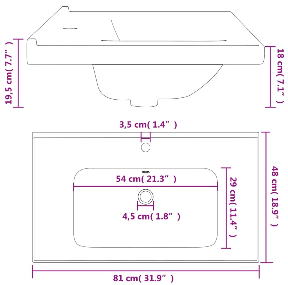 Νιπτήρας Μπάνιου Ορθογώνιος Λευκός 81 x 48 x 19,5 εκ. Κεραμικός - Λευκό