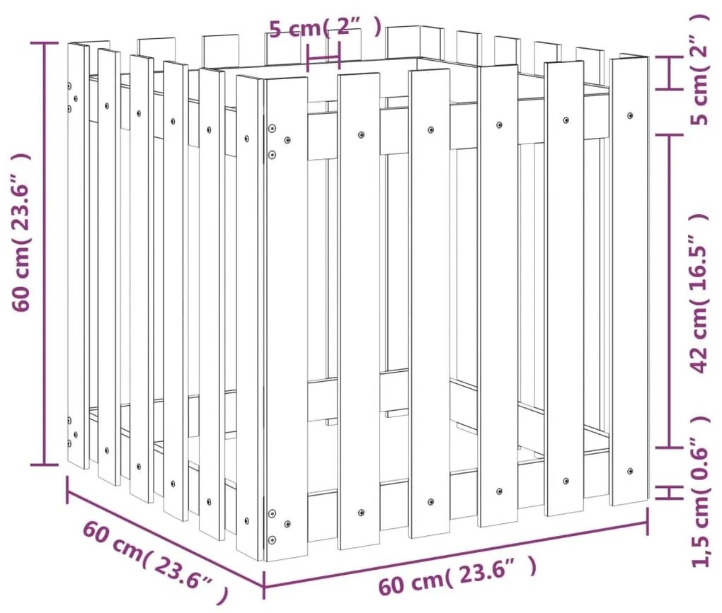 Ζαρντινιέρα με Σχέδιο Φράχτη Μαύρη 60 x 60 x 60 εκ. Μασίφ Πεύκο - Μαύρο