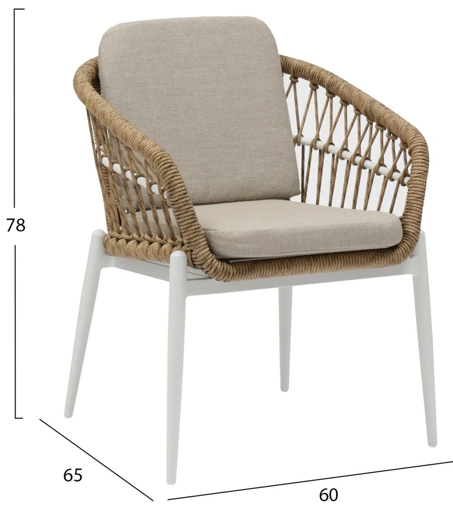 Καρέκλα - Πολυθρόνα GALDIN C6272.02 Λευκή Αλουμινίου με P.E. Rattan Φυσικό και Μπέζ Μαξιλάρια 61x65x82Υεκ. 61x65x82 εκ.
